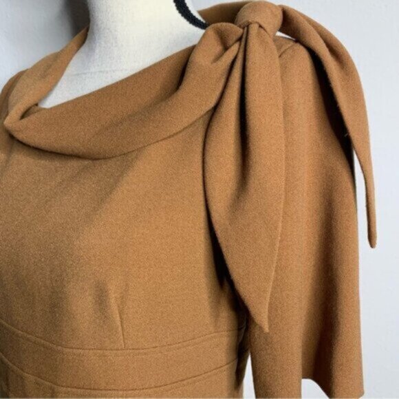Suite 7 Elegant Camel Cowl Neckline with Shoulder Bow Sheath Dress - Picture 11 of 13